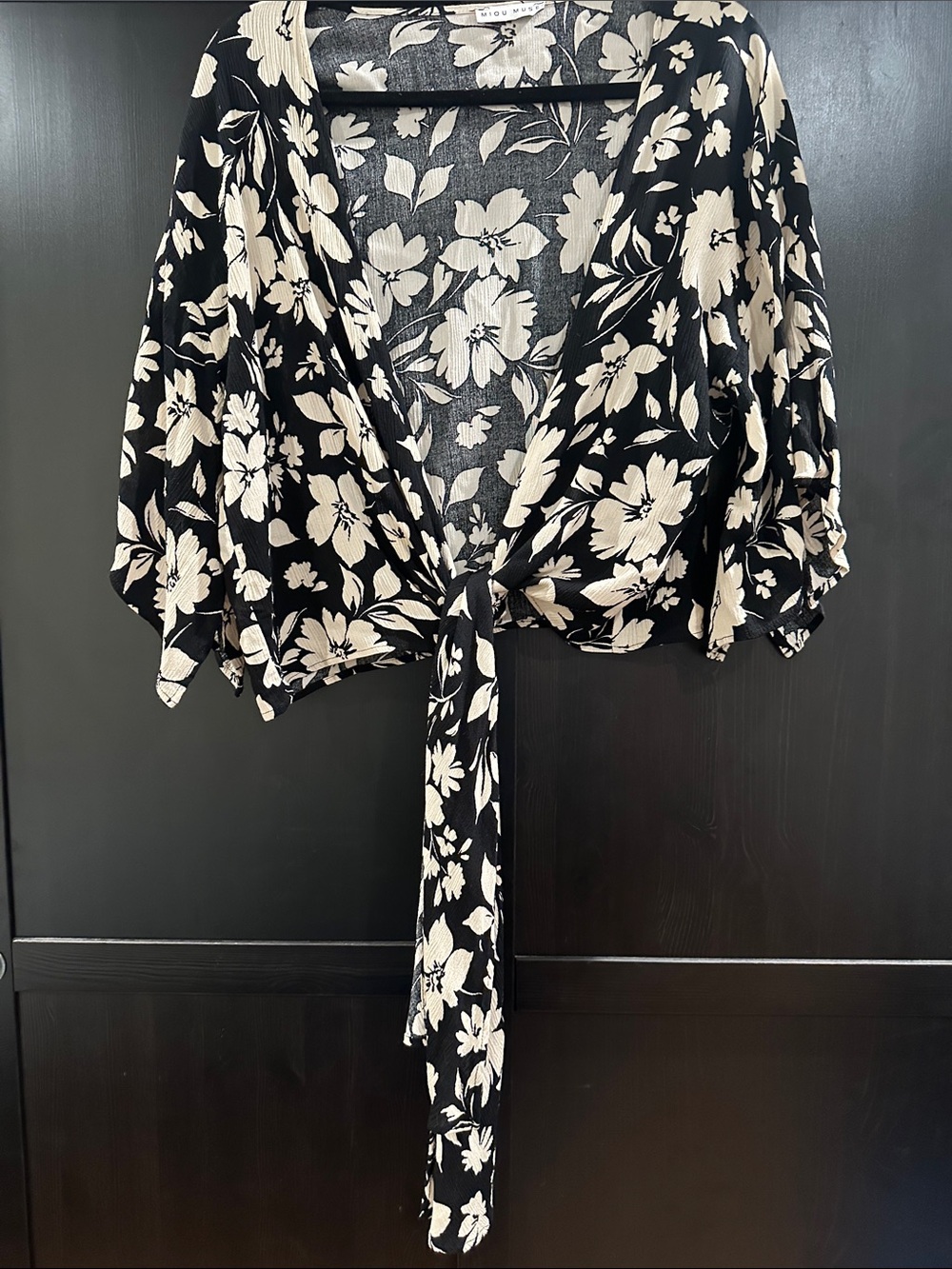 Tie-Front Floral Crop Top in Black & Cream